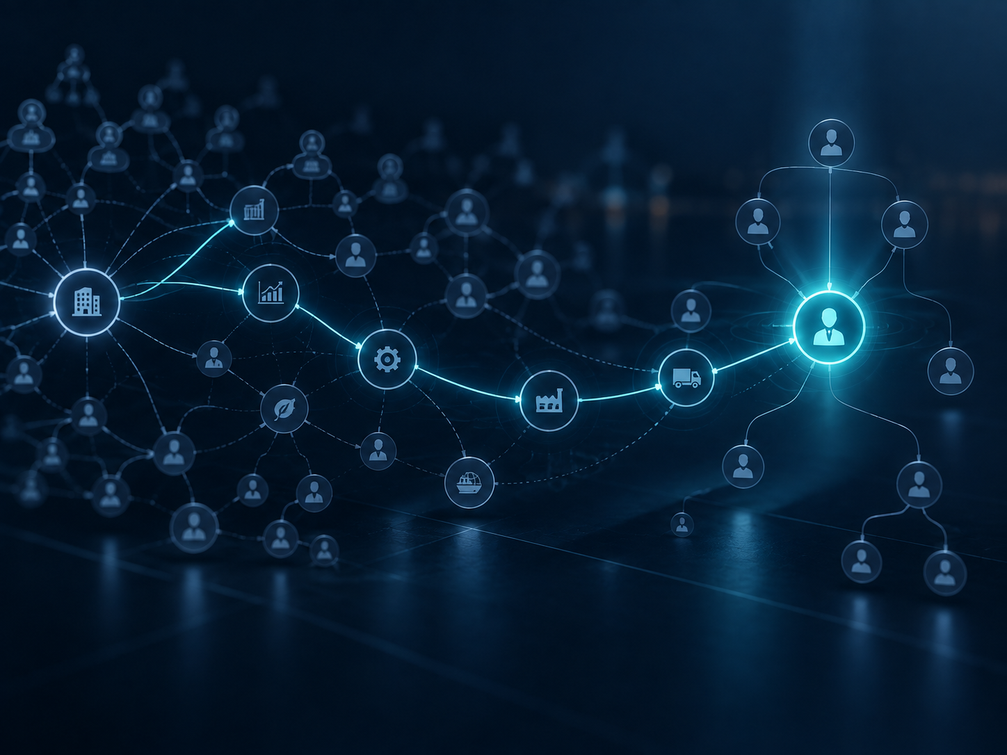 B2B ihracatta şirket içindeki doğru karar vericiyi belirleme sürecini temsil eden bağlantı ağı