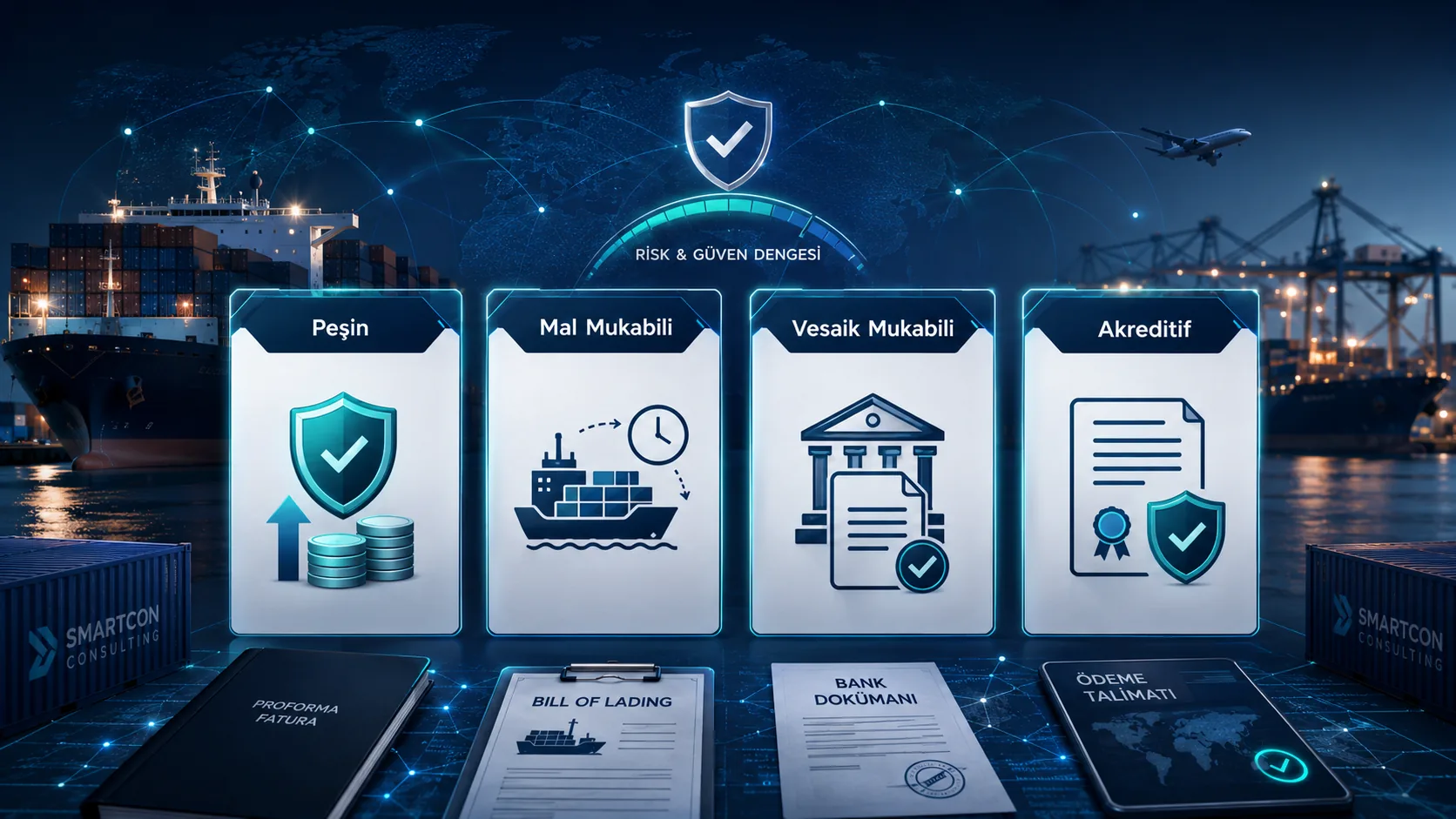 İhracatta peşin, mal mukabili, vesaik mukabili ve akreditif ödeme yöntemlerini gösteren premium dış ticaret görseli