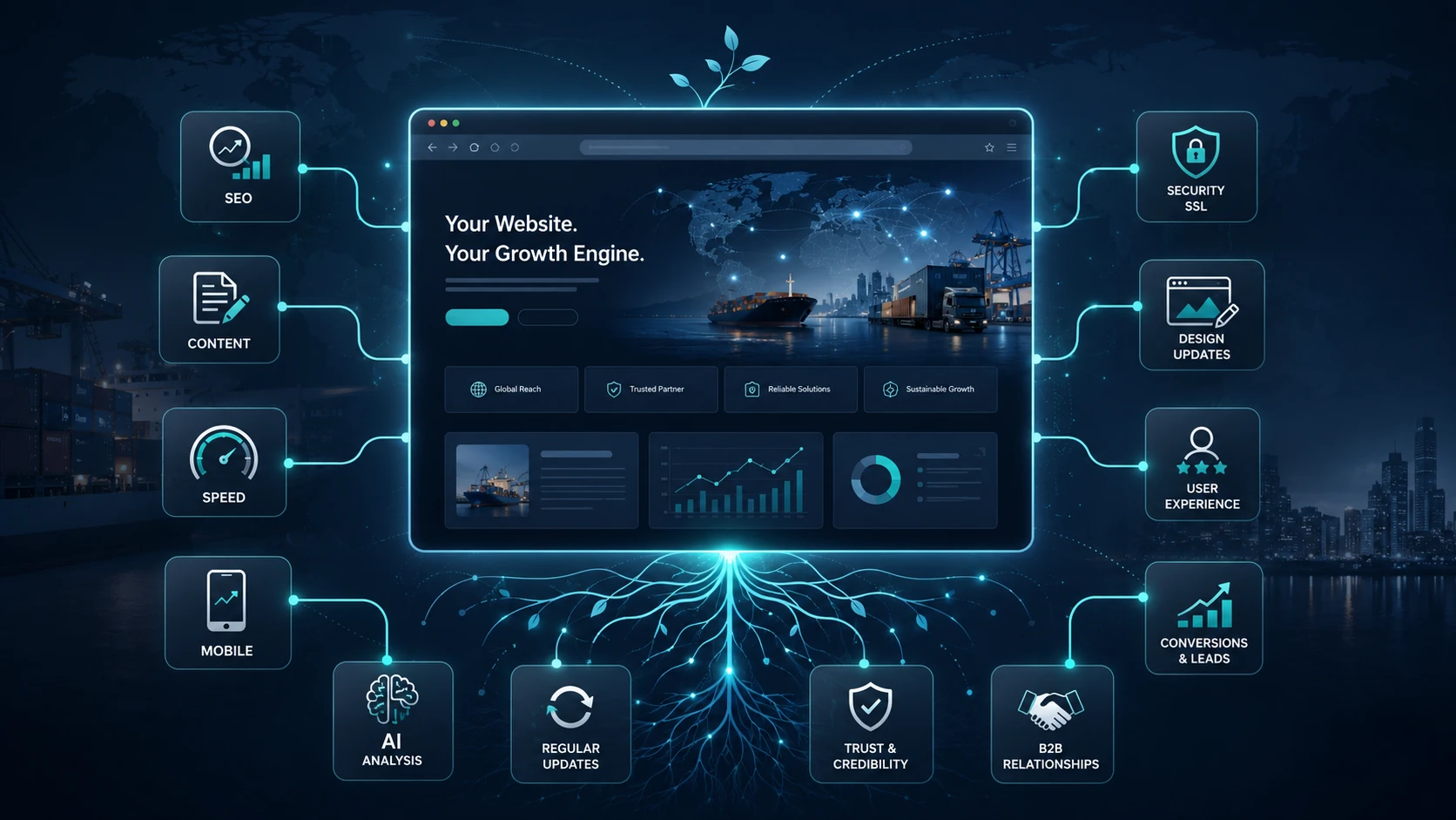 SEO, içerik, hız, mobil uyumluluk ve güven unsurlarıyla gelişen modern kurumsal web sitesi görseli